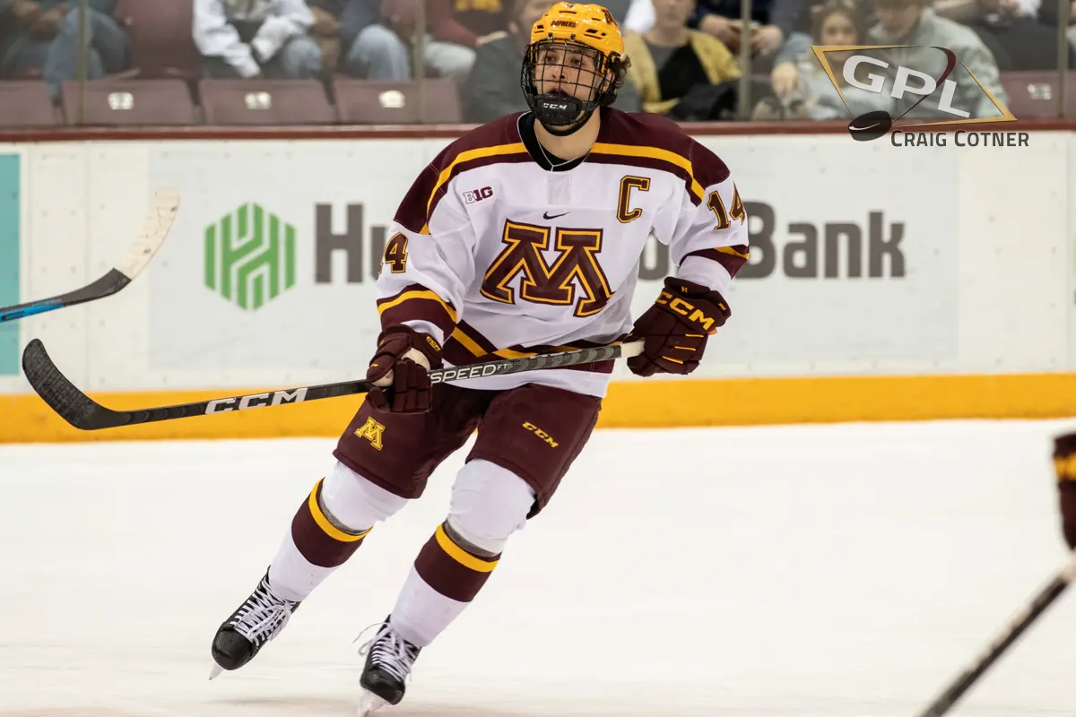 Brock Faber leads the Gophers to a Frozen Four. Photo by Craig Cotner