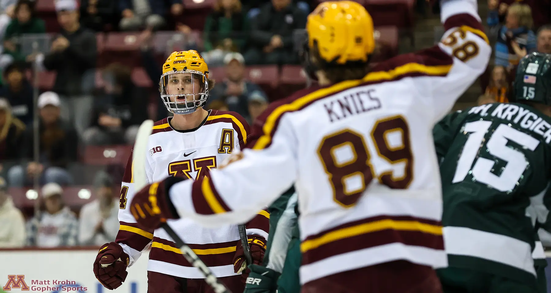 Nelson with the Gopher's first goal. Photo by Matt Krohn of Gopher Sports.