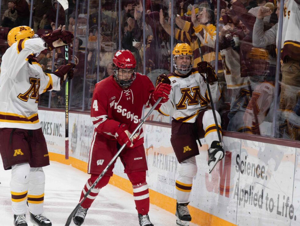 Charlie Strobel celebrates his first goal as a Gopher