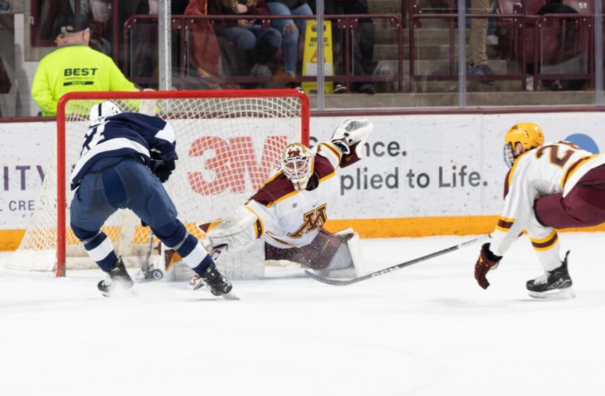 Justen Close with a huge save on Jacques Bouquot of Penn State. Photo by Craig Cotner.