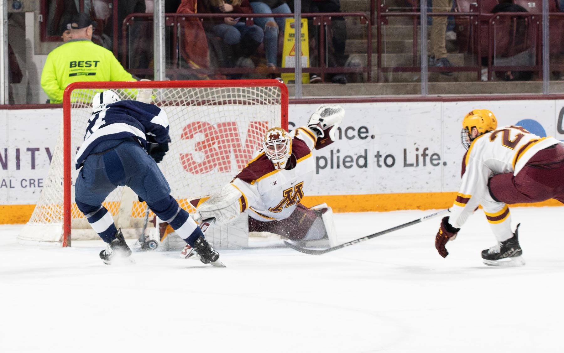 Justen Close with a huge save on Jacques Bouquot of Penn State. Photo by Craig Cotner.