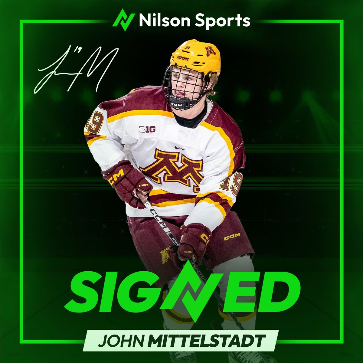 Nilson Sports graphic showing John Mittelstadt as a signed player.