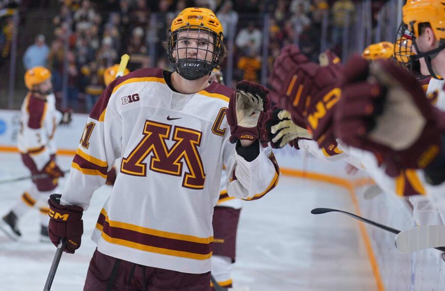 Jimmy Snuggerud one of his two goals on the night. Photo by Brad Rempel (GopherSports)