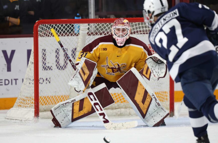 Liam Souliere shuts out his former team. Photo by Bjorn Franke (GopherSports)