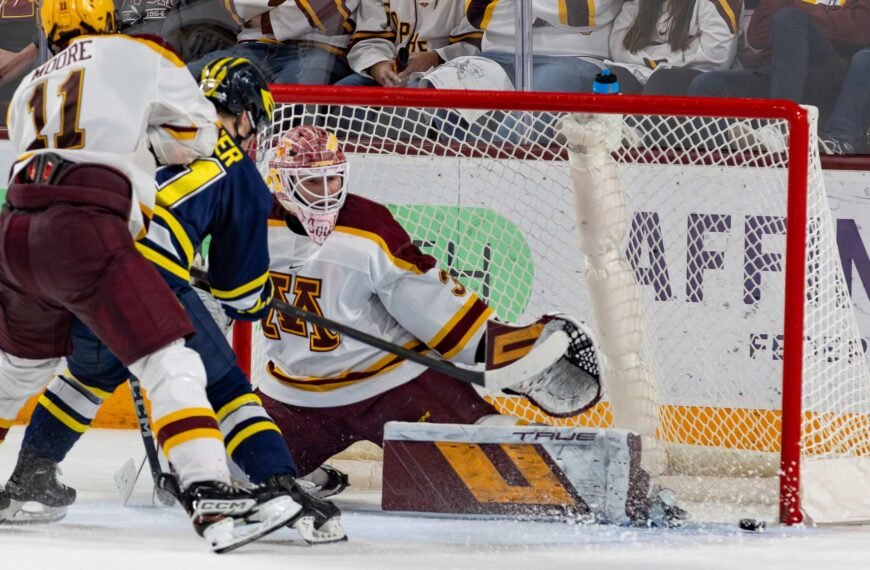 Liam Souliere gets the shutout as Minnesota keeps Michigan off the board the entire weekend. Photo by Craig Cotner.