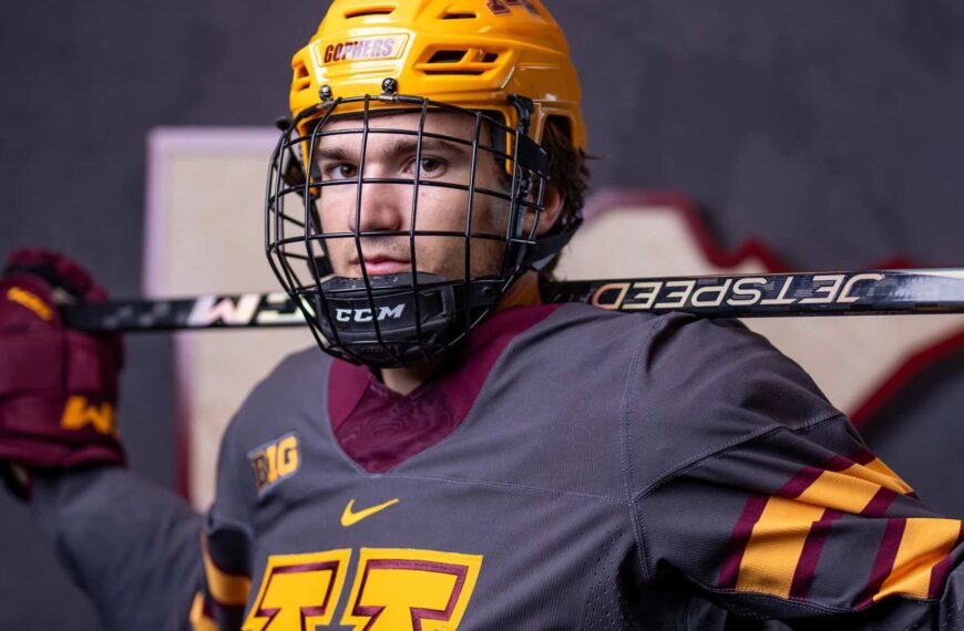 Jimmy Snuggerud models the new Iron Range (Taconite) alternate jersey. Photo by Brad Rempel of Gopher Sports.