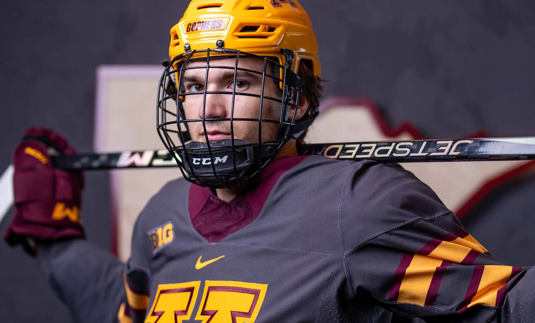 Jimmy Snuggerud models the new Iron Range (Taconite) alternate jersey. Photo by Brad Rempel of Gopher Sports.