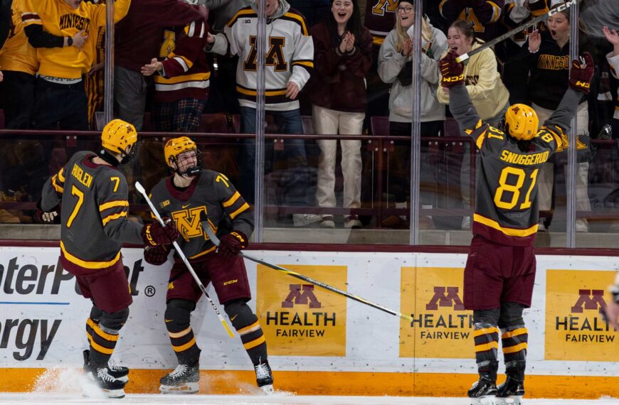 Brodie Ziemer celebrates getting Minnesota on the board just 23 seconds in to the game. Photo by Craig Cotner.