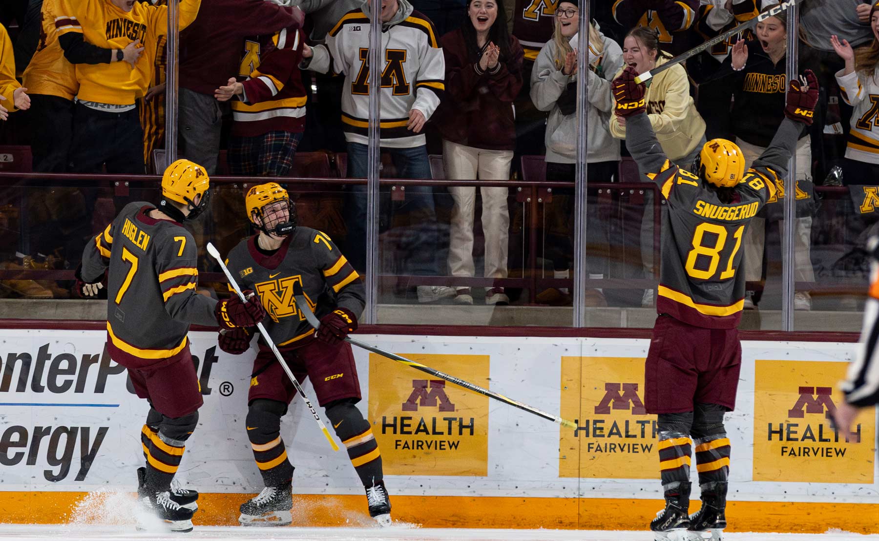 Brodie Ziemer celebrates getting Minnesota on the board just 23 seconds in to the game. Photo by Craig Cotner.