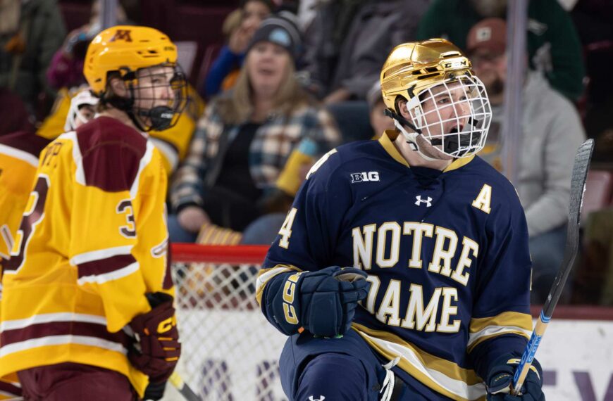 Notre Dame's Ian Murphy celebrates a 1st period goal. Photo by Craig Cotner.