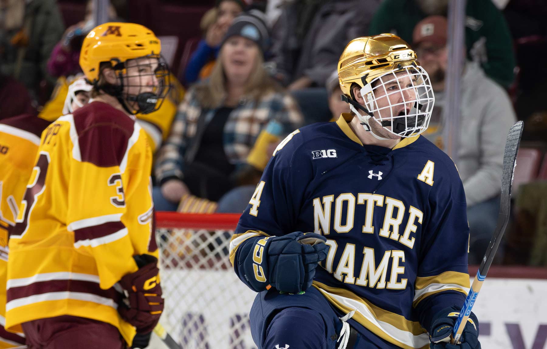 Notre Dame's Ian Murphy celebrates a 1st period goal. Photo by Craig Cotner.