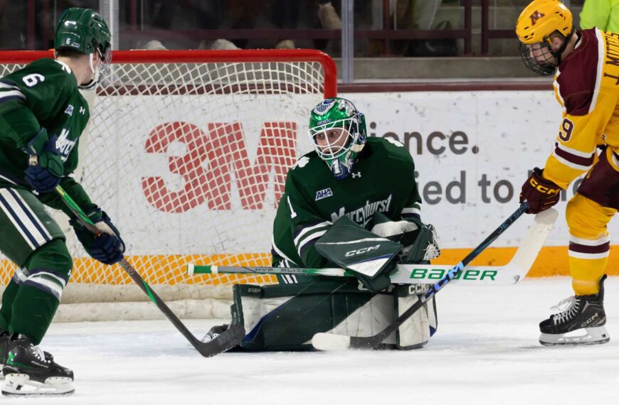 Mercyhurst's Michael Chambre looks back on a Ryan Chesley goal. Photo by Craig Cotner.