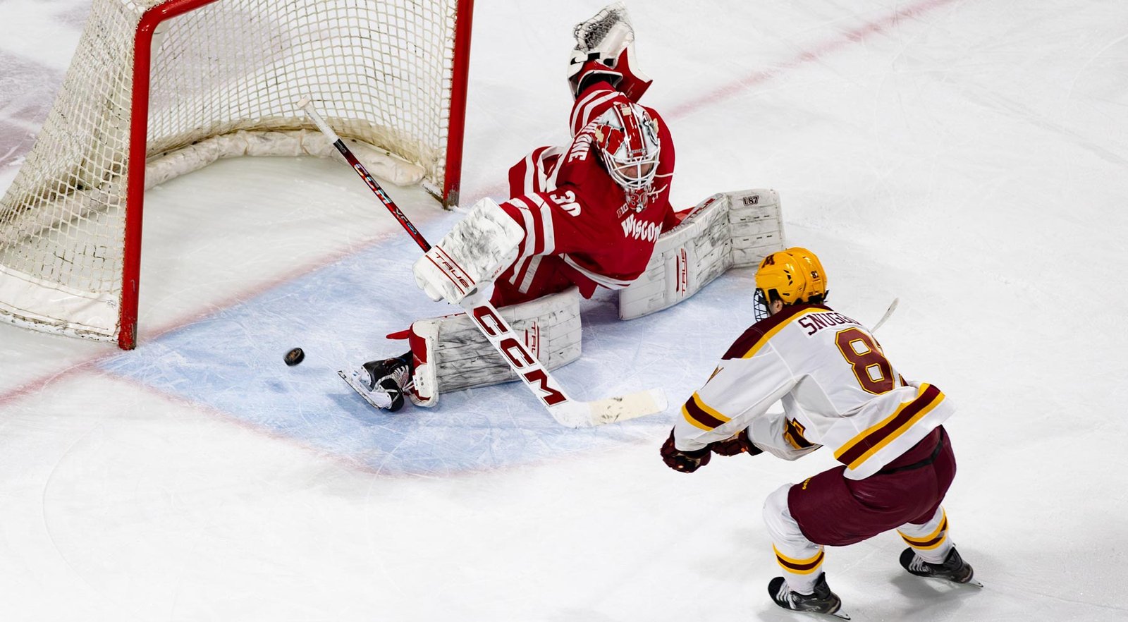 Jimmy Snuggerud with a huge goal to put the BADgers away! Photo by Craig Cotner.