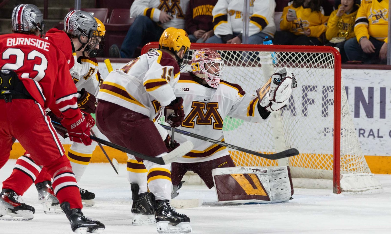 Liam Soulière with a big 1st period save. Photo by Craig Cotner.