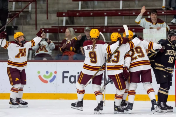 The Gophers celibrate a goal in Friday afternoon's game. Photo Credit: Claudia Staut.